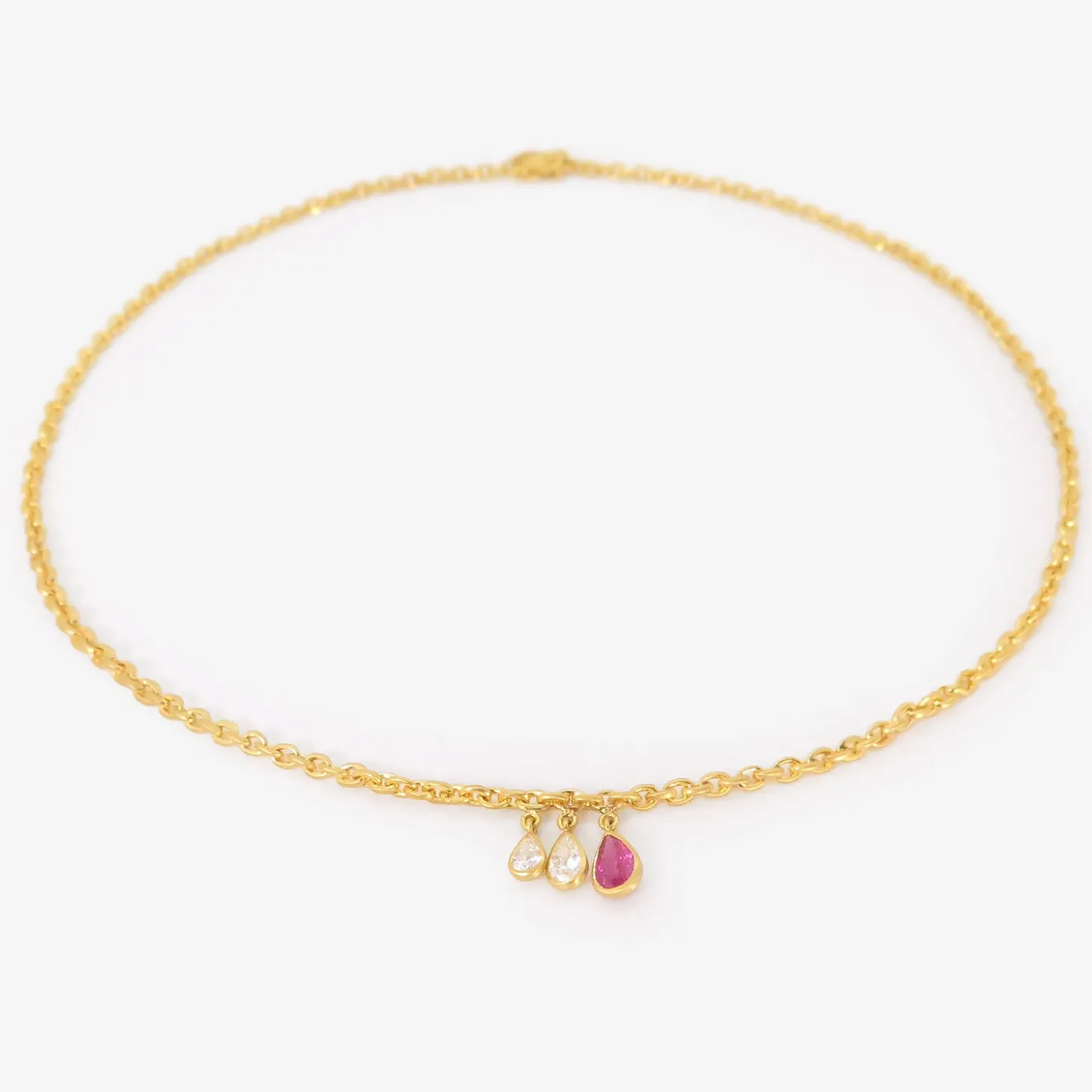 18k fairy chain with pear-shaped pink sapphire & two pear-shaped antique diamonds