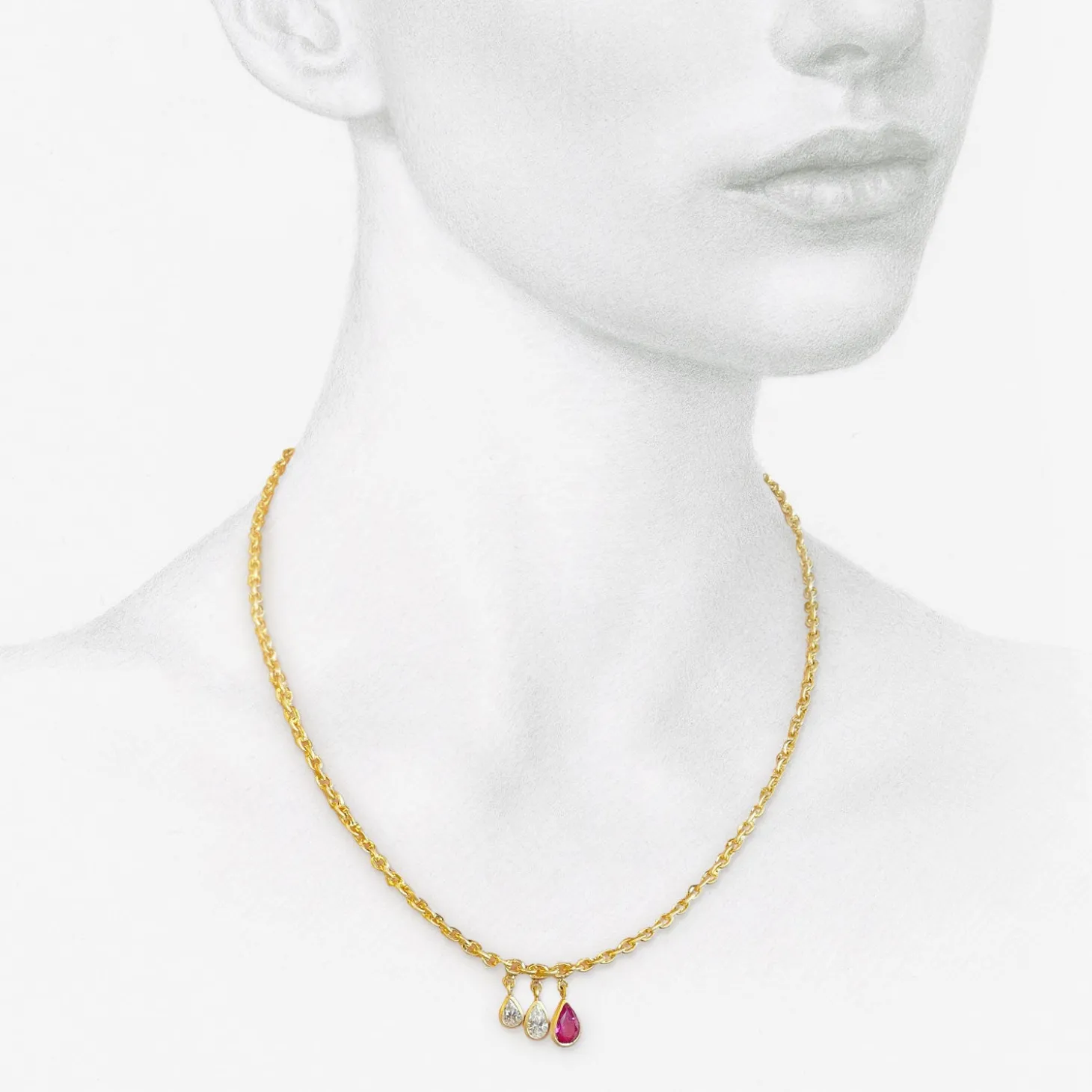 18k fairy chain with pear-shaped pink sapphire & two pear-shaped antique diamonds