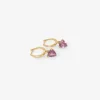 14k huggie hoops with trillion-cut rhodolite drops