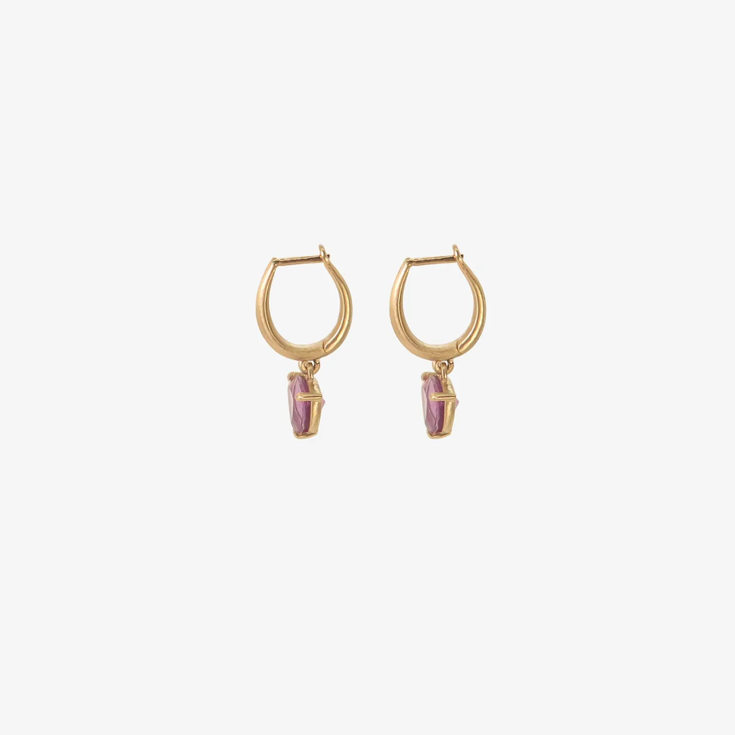 14k huggie hoops with trillion-cut rhodolite drops