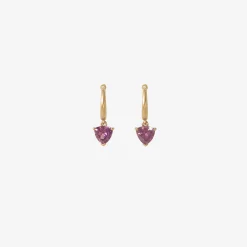 14k huggie hoops with trillion-cut rhodolite drops