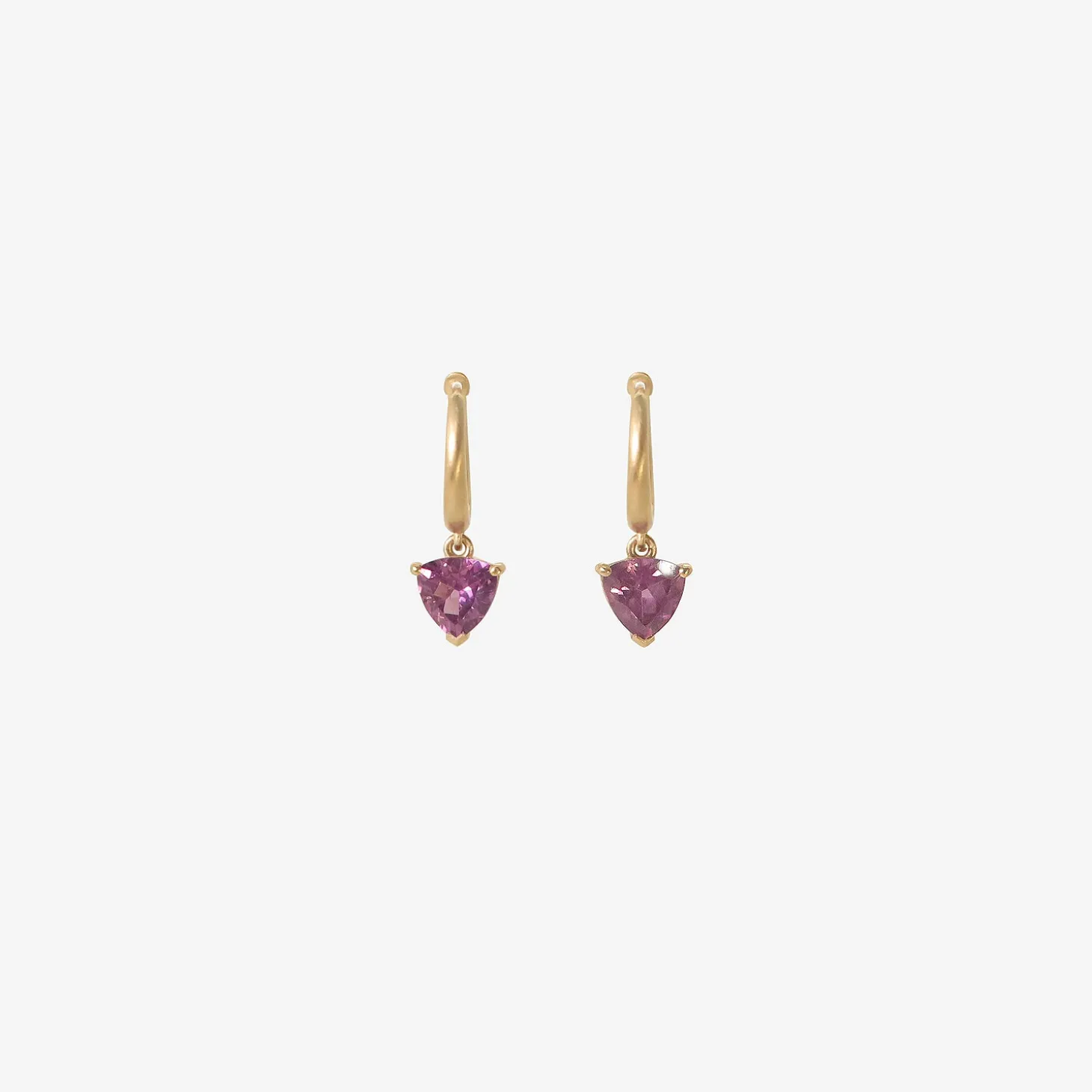 14k huggie hoops with trillion-cut rhodolite drops