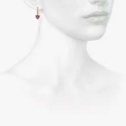 14k huggie hoops with trillion-cut rhodolite drops