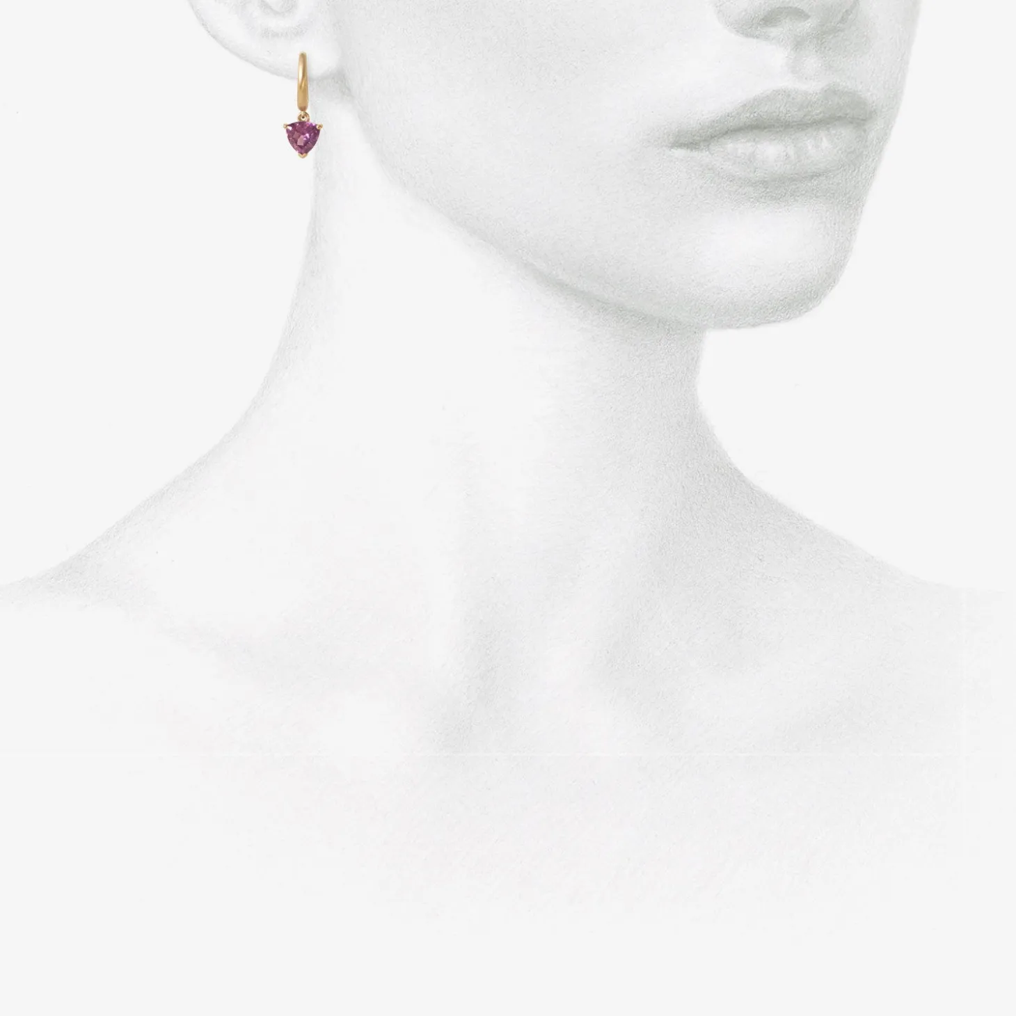 14k huggie hoops with trillion-cut rhodolite drops
