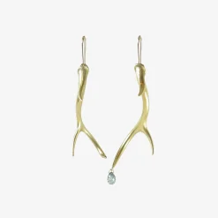 18k small antler earrings with sapphire briolette