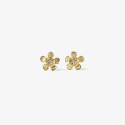 14k yellow gold small open flower diamond stud earrings .03ct