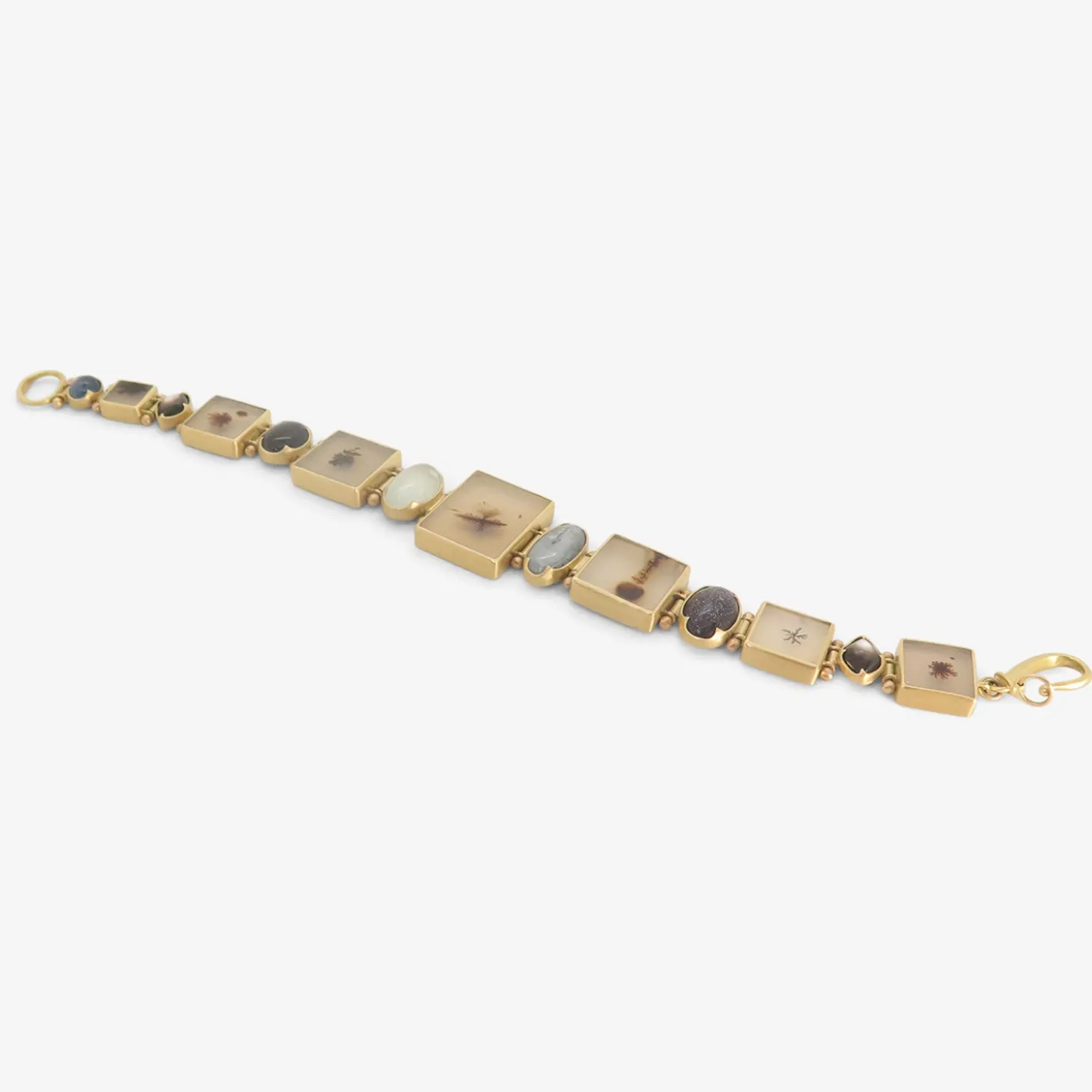 one-of-a-kind square dendrite bracelet with aquamarine, sapphire, kyanite, mother of pearl & goldstone