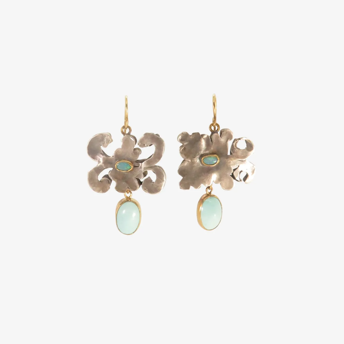 silver & 18k leftover shape earrings with opals & persian turquoise drops